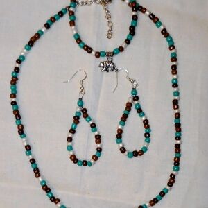 Hand Crafted Turquoise and Brown Seed  Bead Bear Charm Necklace Set